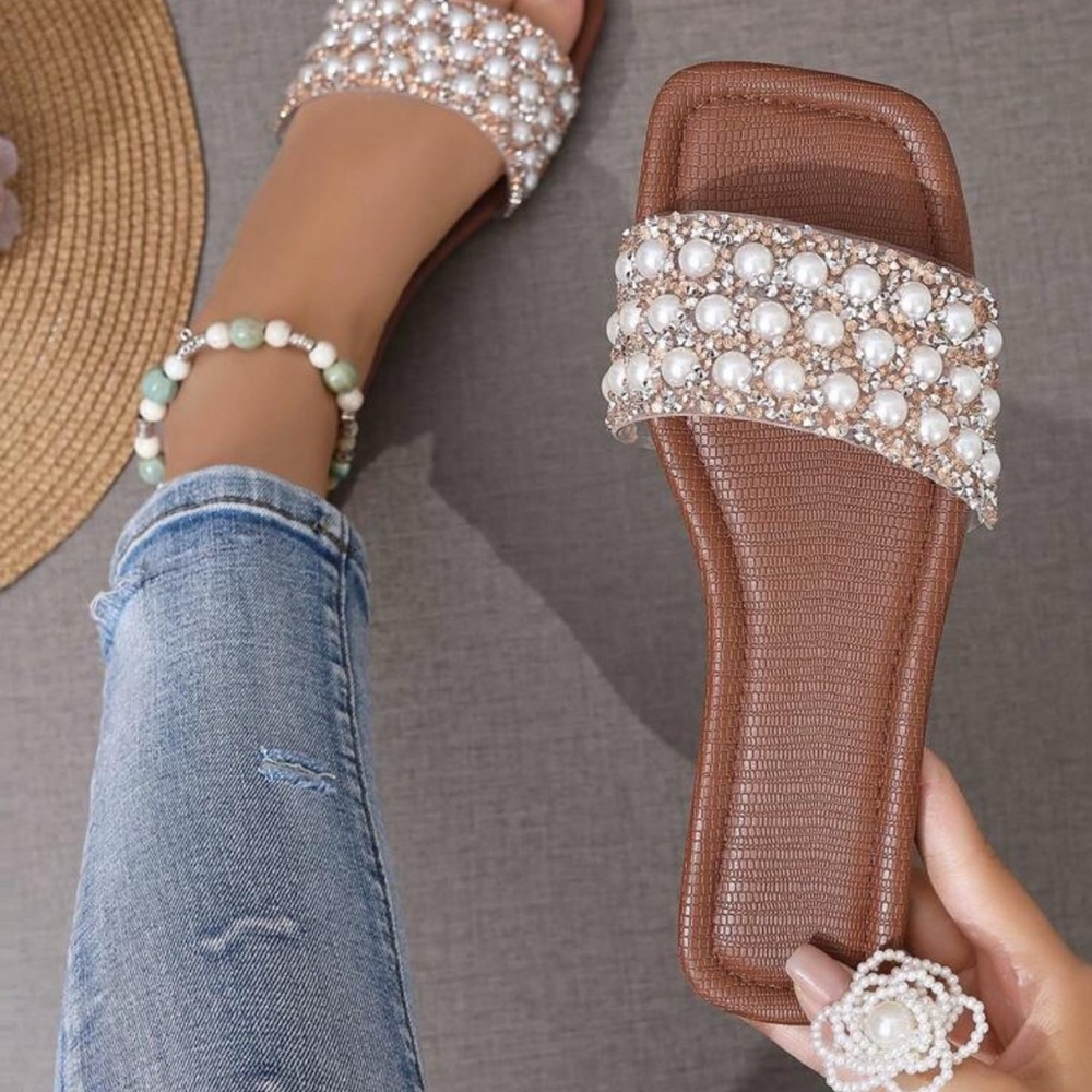 Elegant Pearl-Embellished Brown Sandals